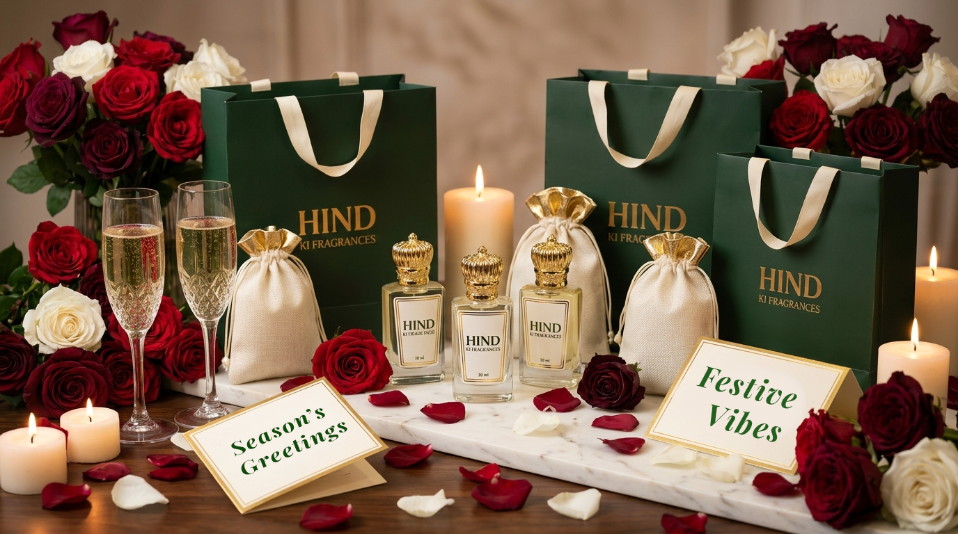 Hind Ki Fragrances gift bags, gold-capped attar bottles and festive hamper styling with roses and candles